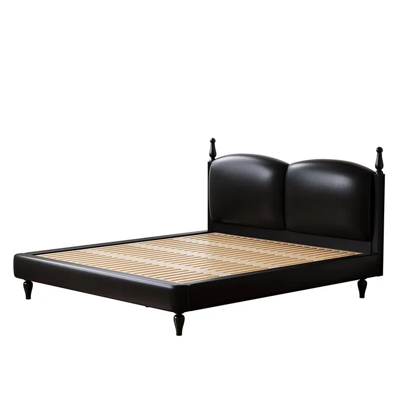

French retro solid wood bed light luxury black leather bed medium ancient style modern simple master bedroom large bed