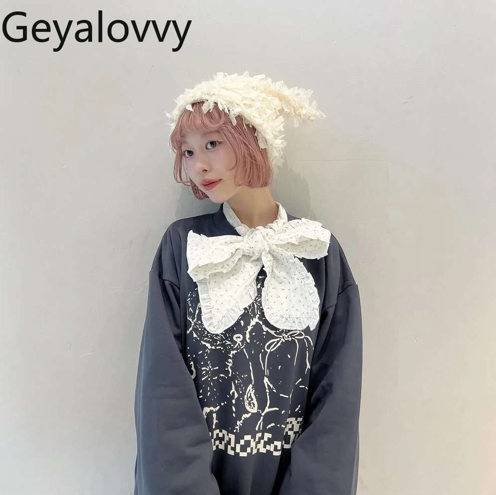 Słodkie, uniwersalne bluzy z kapturem z nadrukiem kreskówkowym, luźny krój, jesień-zima, nowa bluza z okrągłym dekoltem, długi rękaw, frotte, dla kobiet.