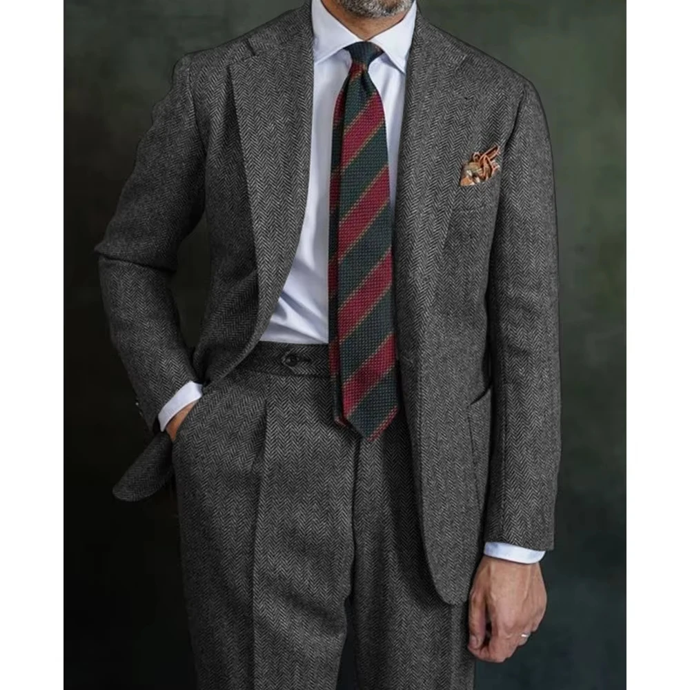 Classic Business Herringbone Suits Men's Single Breasted jacket Pants 2 Pieces Groom Tuxedo Customized Man Tuxedos Prom Suit