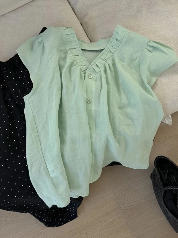 

Mint Green Wave Style Women's Shirt New Arrival Slimming Belly Covering Small Fly Sleeve Button up Short Sleeve V-Neck Top