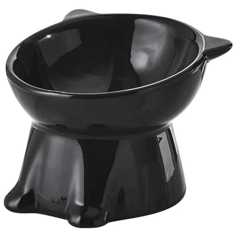 Ceramic Cats Feeders Black Pet Bowl Drinking Water Bowl High Foot Slant Mouth Anti Overturning Neck Protection