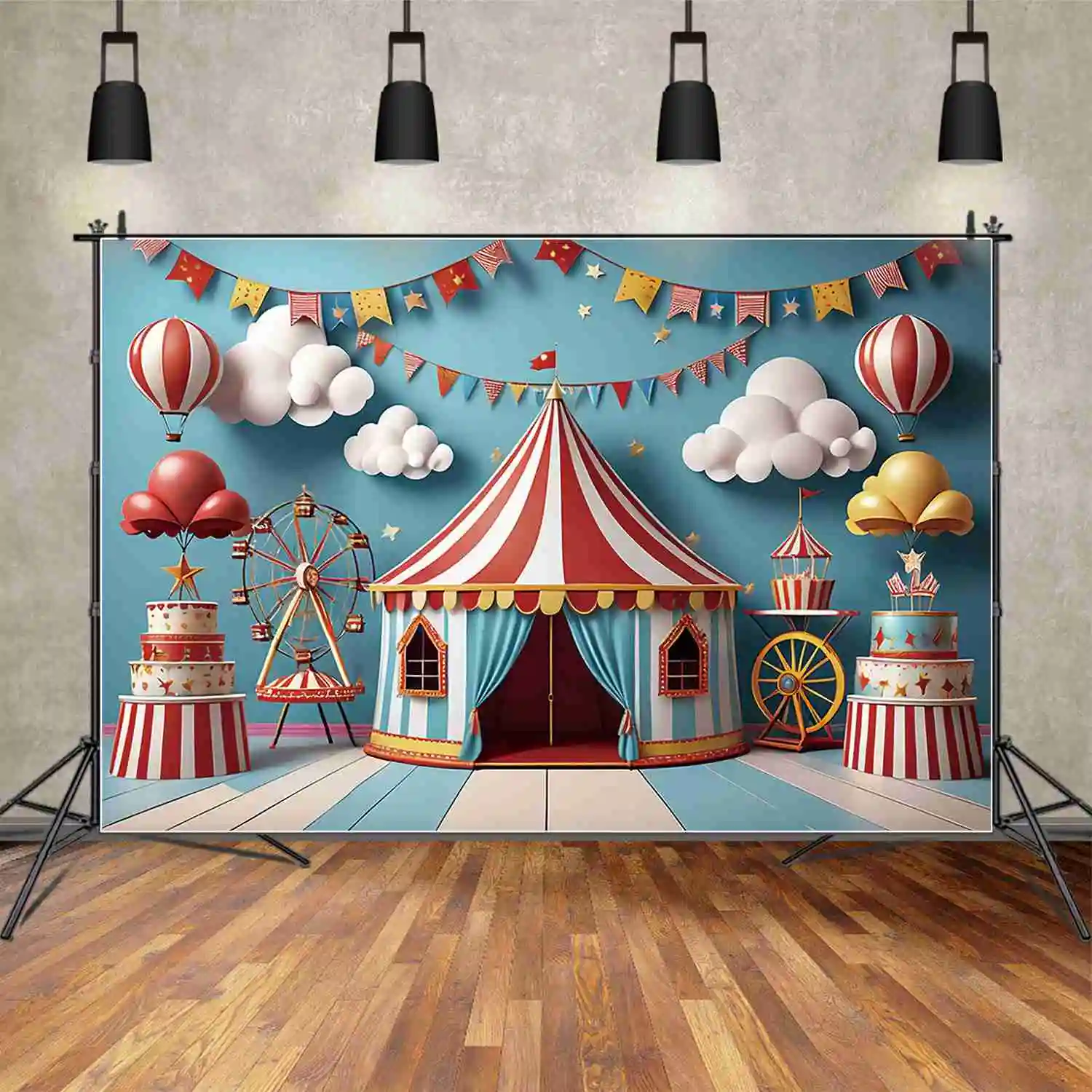 

MOON.QG Circus Candy First Birthday Background Boy's Hot Air Balloon Tent Carnival Backdrop Custom Party Photography Accessories