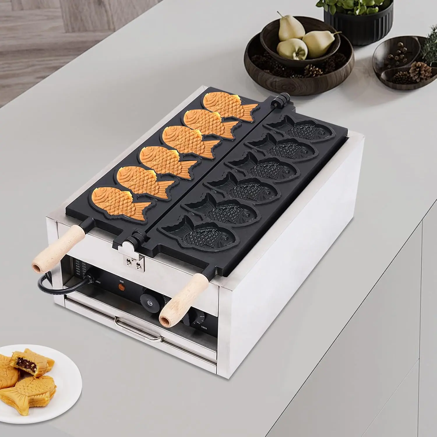 Máquina para hacer gofres de pescado Taiyaki de 3000W, máquina para hacer gofres eléctrica antiadherente de 6 moldes, conos de gofres en forma de pez para panadero Taiyaki con sin Sti