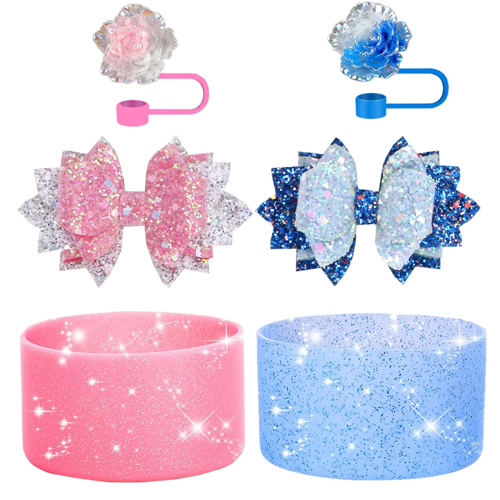 3/4pcs Glitter Bow Tumbler Cup Accessories Spill-Proof Stopper Straw Cover Cap Silicone Boot Charm Chain Water Bottle Decorative