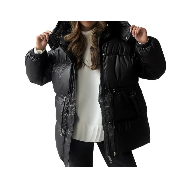 Cappotto Parker corto con cappuccio da donna per il tempo libero con coulisse in vita caldo solido tasca con cerniera invernale maniche lunghe 2025 Cappotto Parker 26 venduto