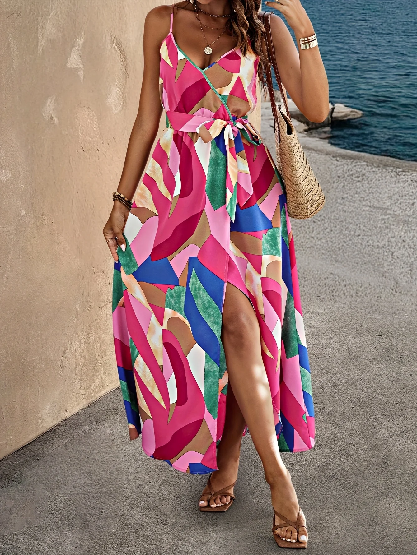 فستان بوهو عالي الخصر ملفوف متعدد الألوان كامي فساتين الحفلات المحدودة