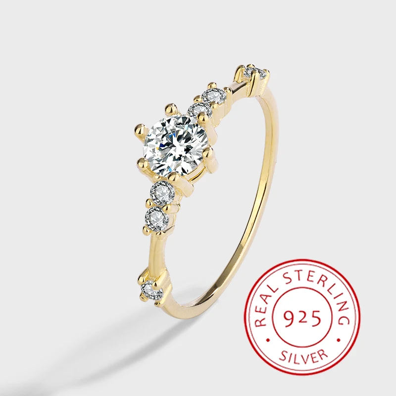 

Fashionable and Simple 14K Gold Genuine S925 Silver Six Prongs 7 Small Diamonds Geometric Jewelry Ring for Women