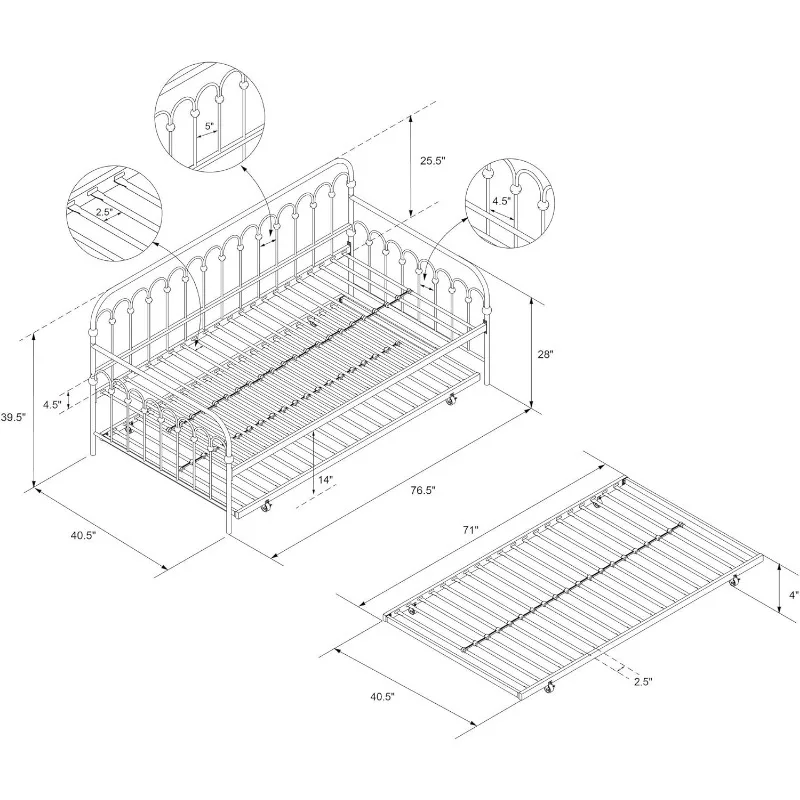 Dormeuse e rotelle in metallo di dimensioni doppie, eleganti e multifunzionali, ruote integrate, 76.5 "L x 40.5" W x 39.5 "H, bianco