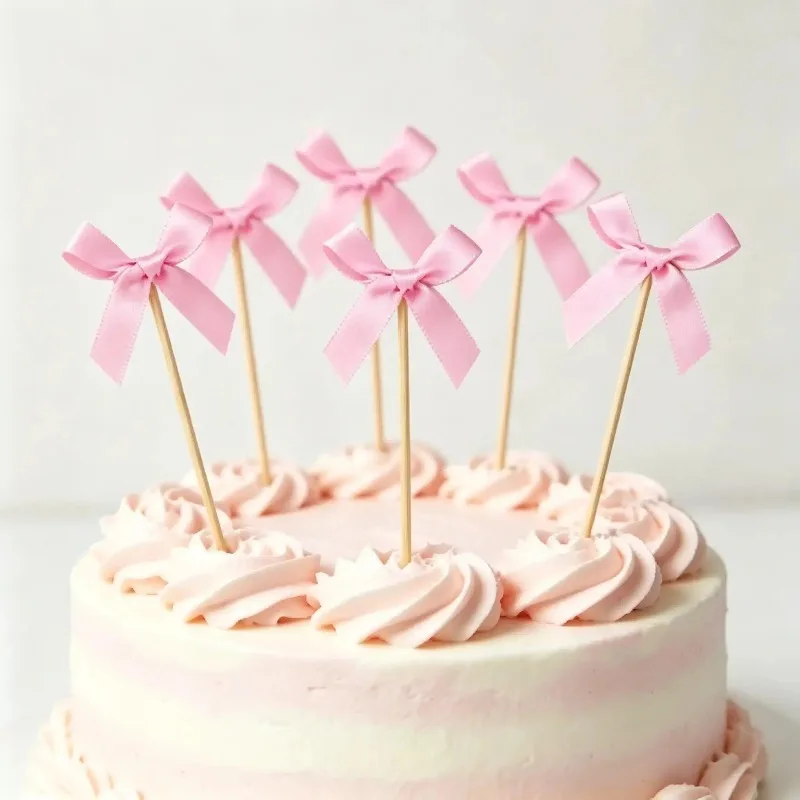 Pink Bow Cupcake Toppers Cocktail Picks Decor Bamboo Toothpicks for Cupcake Fruit Cake Topper Wedding Birthday Party Decoration - view 4