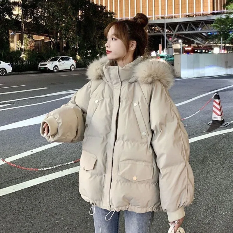 2023 New Women Down Cotton Coat Winter Jacket Female Short Parkas Loose Thick Outwear Fur Collar Hooded Leisure Time Overcoat