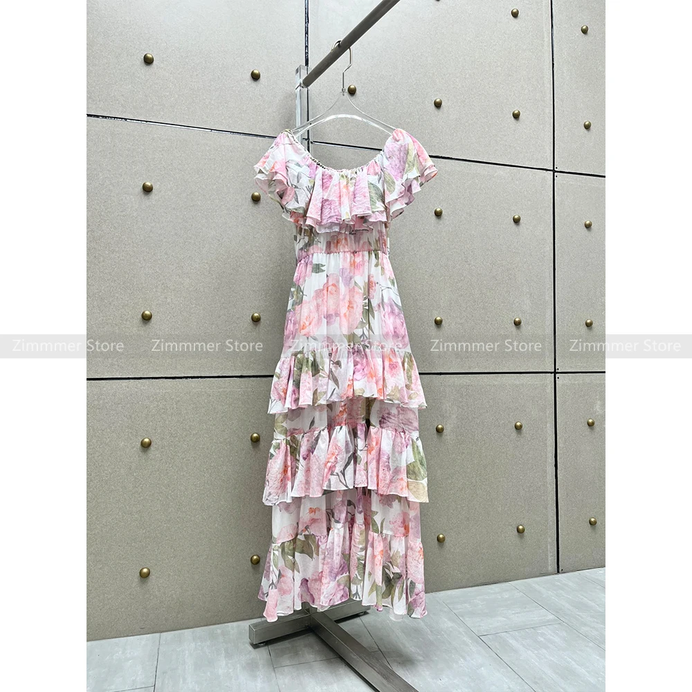 

French sweet fairy one-line neck strapless printed ruffled Slim thin cake dress female