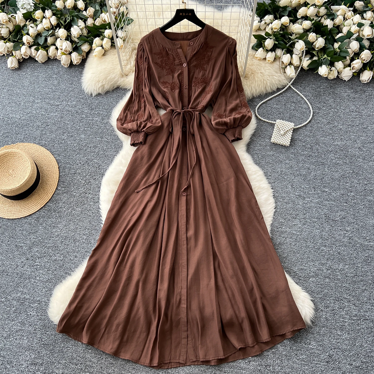 Vintage elegante geborduurde knoopjurk A-lijn chique casual strandvakantie dames zomerjurken - afbeelding 1