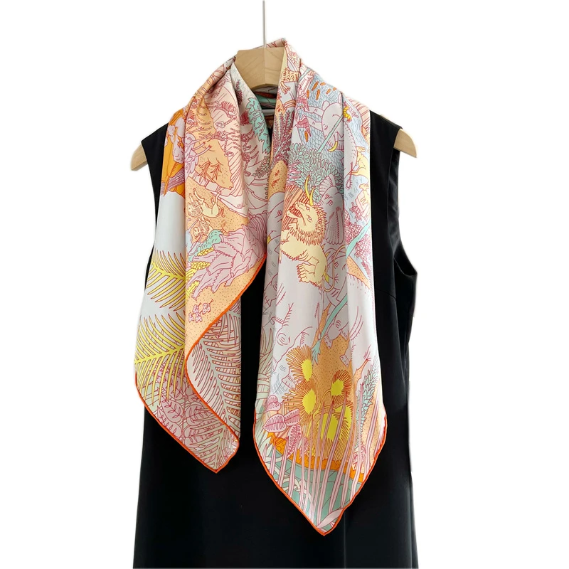 

Double-Sided Clear Printed Real Twill Silk Scarf Shawl For Women 100% Twill Silk Luxury Brand Ladies Scarves Warm Shade 90X90CM