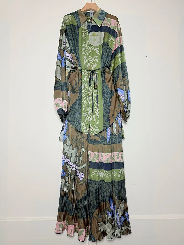 

A retro geometric print lapel pullover long shirt two-piece set + loose wide-leg pants fashion suit for autumn 2025 women's wear