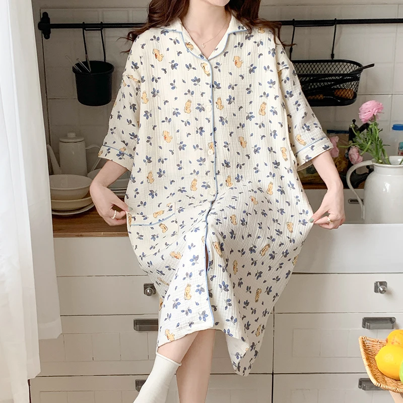 100% Cotton Double Gauze Nursing Nightdress for Maternity Summer Soft Thin Floral Printed Sleepwear Pregnancy Home Hospital Wear