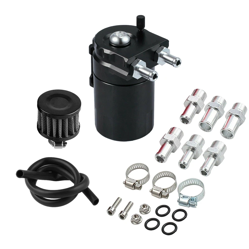 

Oil Catch Reservoir Breather Can Tank +Filter Kit Cylinder Aluminum Engine Black