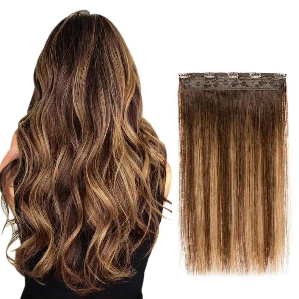 #4P27 Medium Brown mixed Dark Blonde Clip In Hair Extensions One Piece 5 Clips Real Human Remy Hair Extension Long Straight Hair