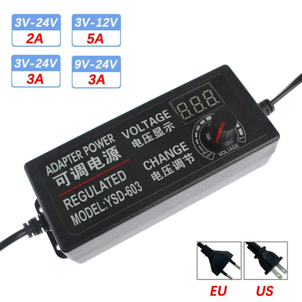 Adjustable Power Supply Adapter AC To DC 3V 9V 12V 24V Universal Adapter EU/US Plug with Display Screen Voltage Regulated