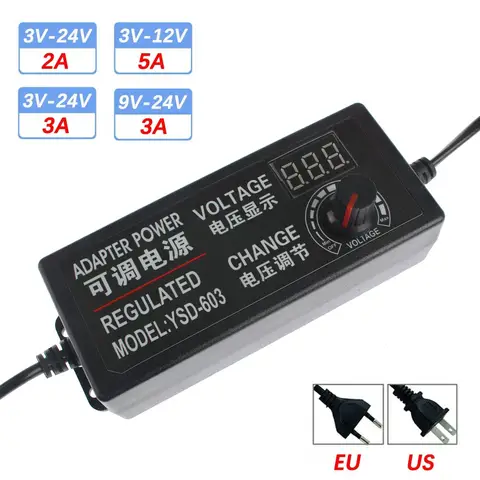 Adjustable Power Supply Adapter AC To DC 3V 9V 12V 24V Universal Adapter EU/US Plug with Display Screen Voltage Regulated