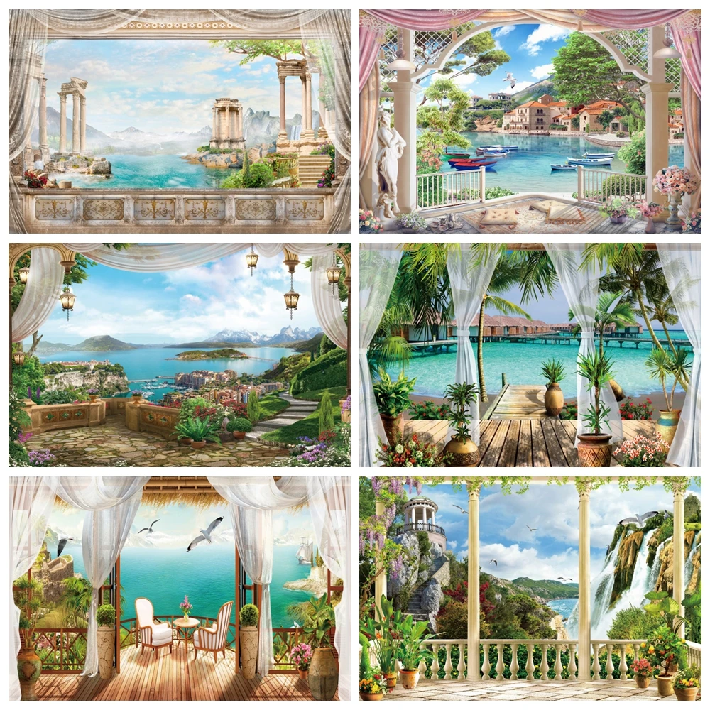 Фон для фотосъемки с изображением летнего побережья праздников зеленых ладоней балкона природного ландшафта фон для фотостудии