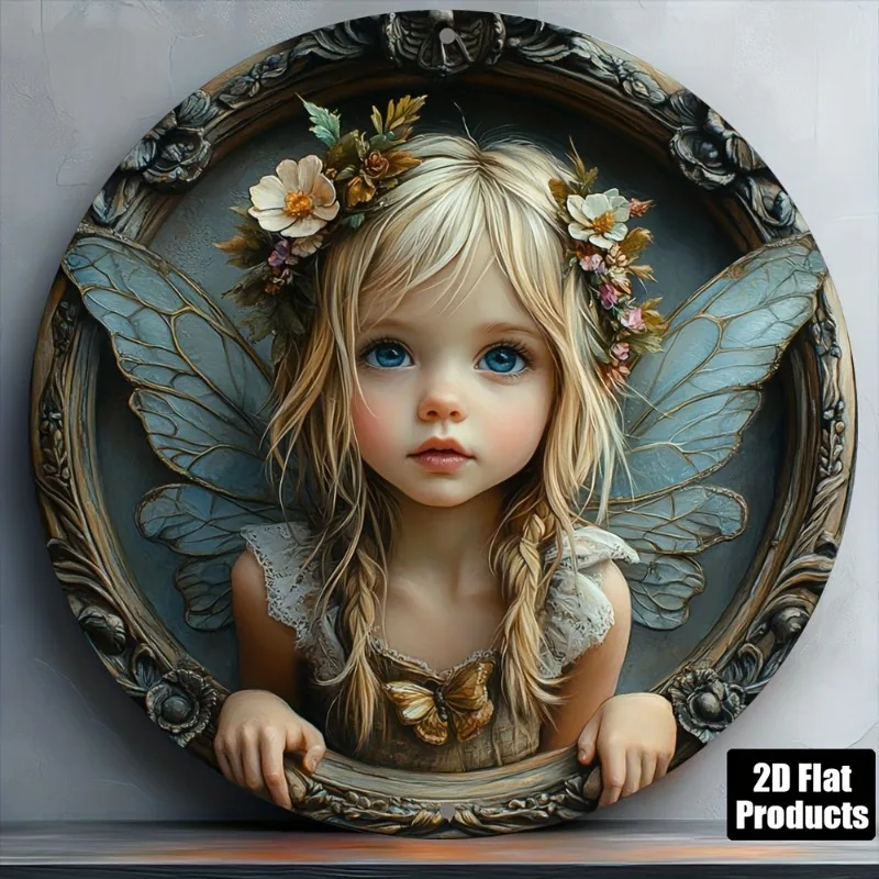 2D Blonde Fairy Girl Butterfly Wing Ornate Frame Art Rustic Bedroom Decor 20x20cm Metal Tin Sign / Iron Plaque