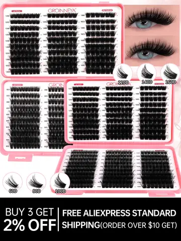 GROINNEYA Lashes Cluster DIY Lash Extension Mixed Tray Clusters Eyelashes Fluffy Volume Individual Lashes Cat Eye Lash Extension