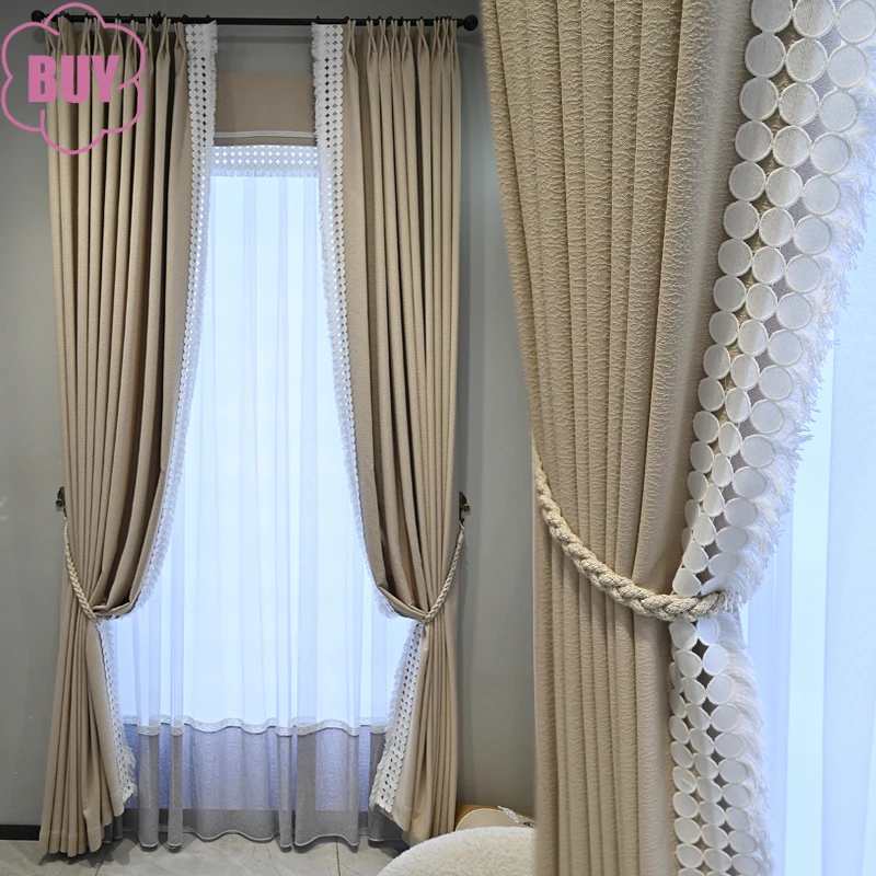 Cream Jacquard Thickened Chenille Feather Lace Curtains for Living Room Bedroom Balcony French Window Customized