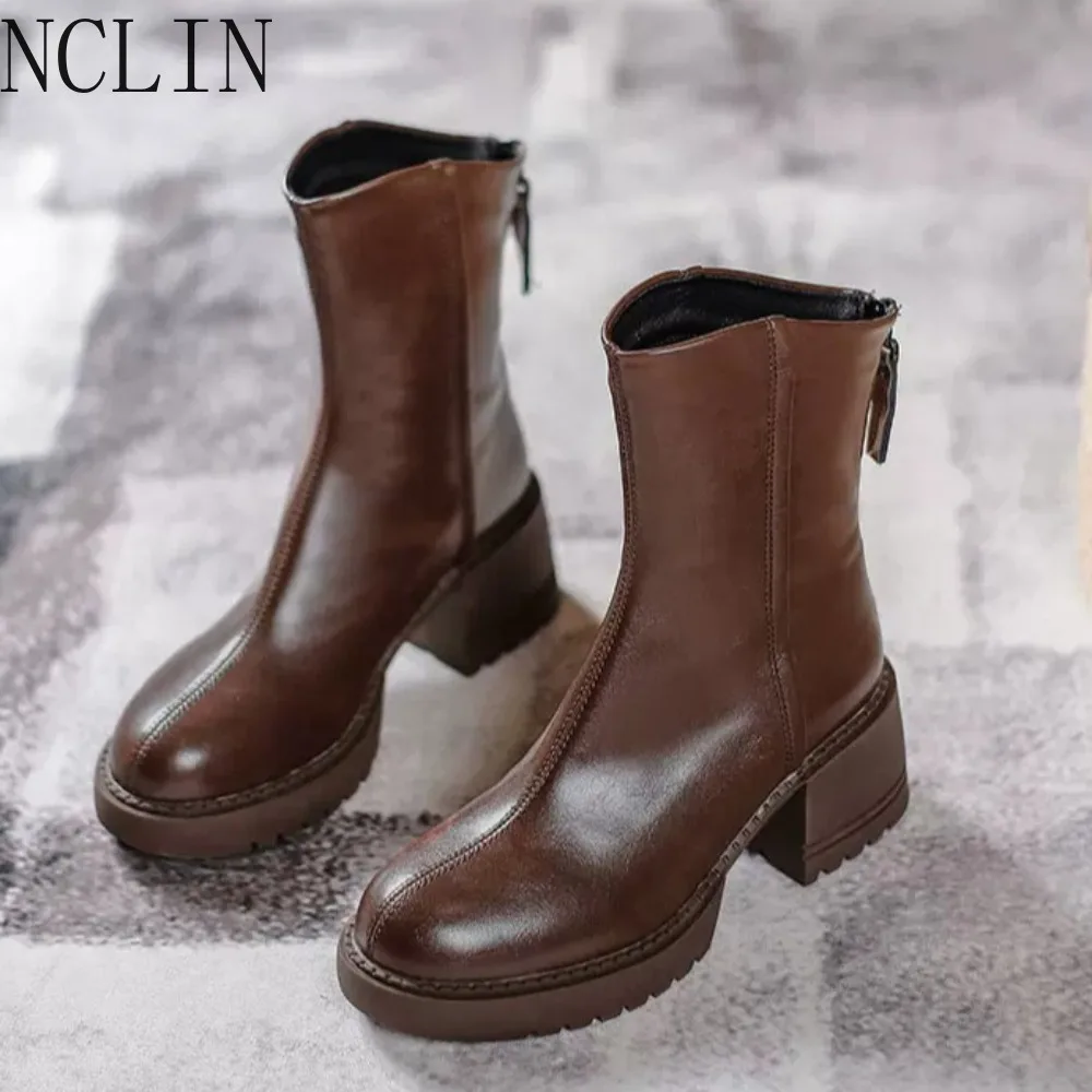 Size 34-40 Genuine Leather Snow Boots Women Zipper Square High Heels Nature Wool Warm Winter Boots Handmade Ankle Boots