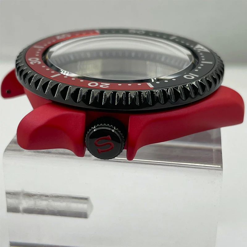 Jam tangan modifikasi bagian 42.3mm dilapisi keramik merah kaca safir aluminium Bezel SKX007/009 casing jam cocok untuk NH35/36 gerakan