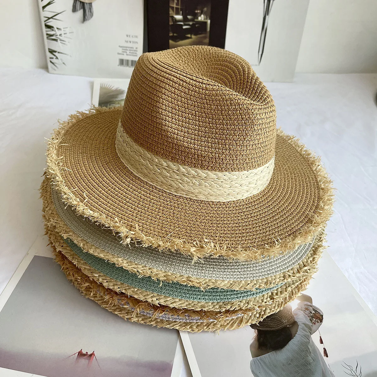 Summer Jazz Hat Men\'s Women\'s Sun Hat British Style Ladies Raffia Stitching Raw Edge Beach Holiday Sunshade Hat Panama Hat