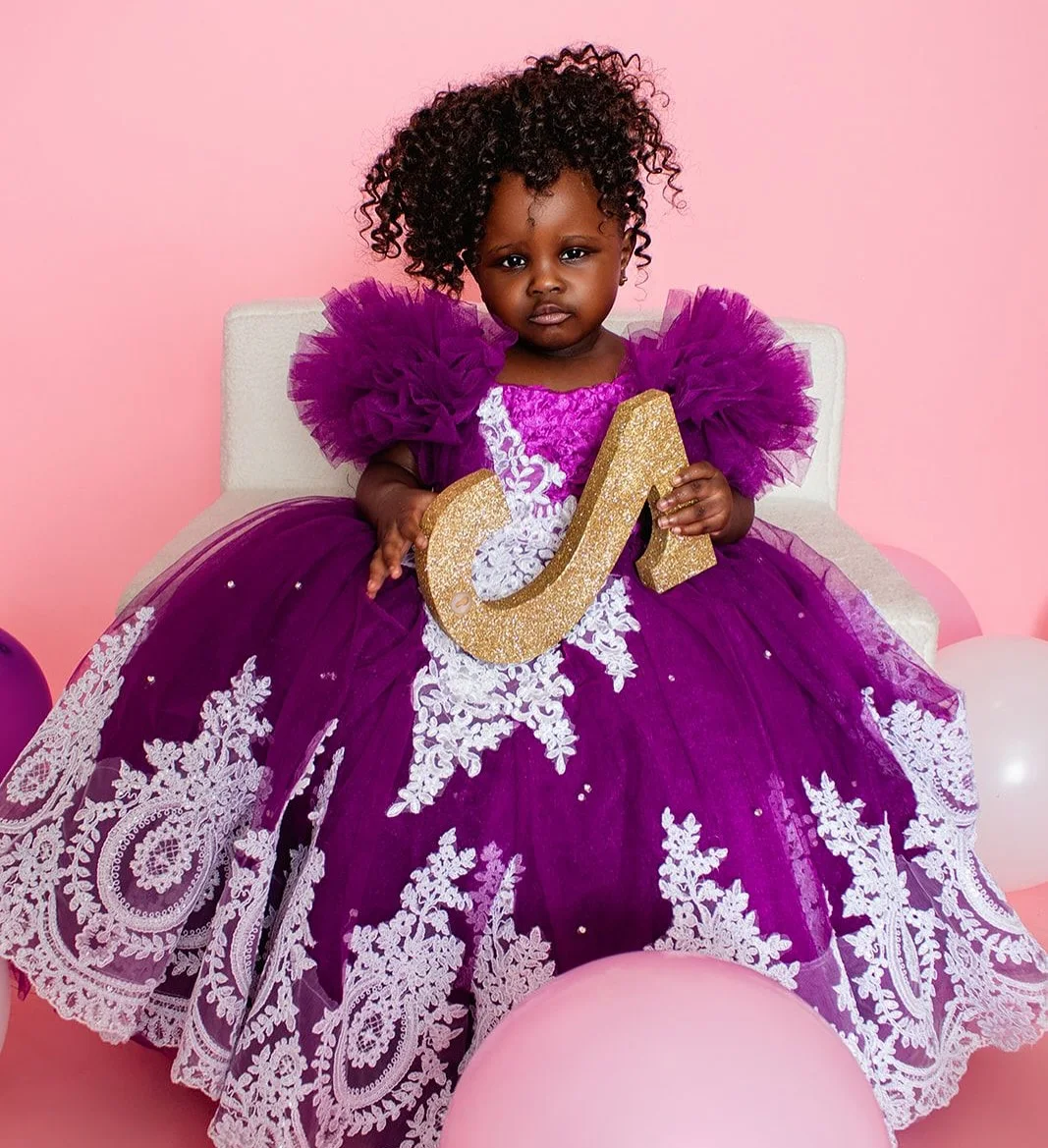 Purple Flower Girl Dress For Wedding Princess Pleated Tulle Puffy Applique Lace Cute Kids Baby Birthday Party Dress Ball Gown