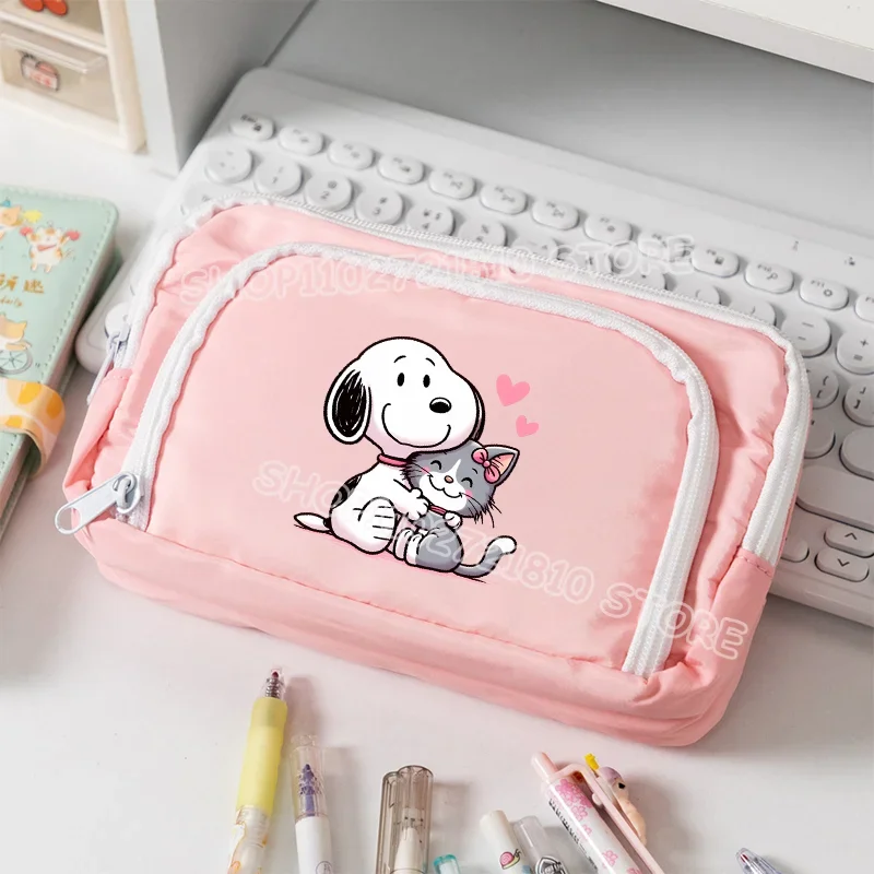 Snoopy Pencil Case 3 Layers Pen Bag Large Capacity Korean Organizer Pouch Student Back To School Supplies Stationery Kids Gift