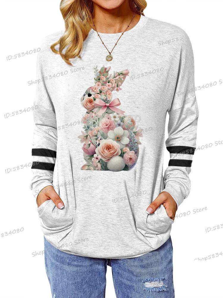ฤดูใบไม้ผลิอินเทรนด์ยี่ห้อดอกไม้ Bunny TShirt สุนทรียศาสตร์การ์ตูนพิมพ์เสื้อแขนยาวผู้หญิงหลวม Easter Bunny กราฟิก T เสื้อ