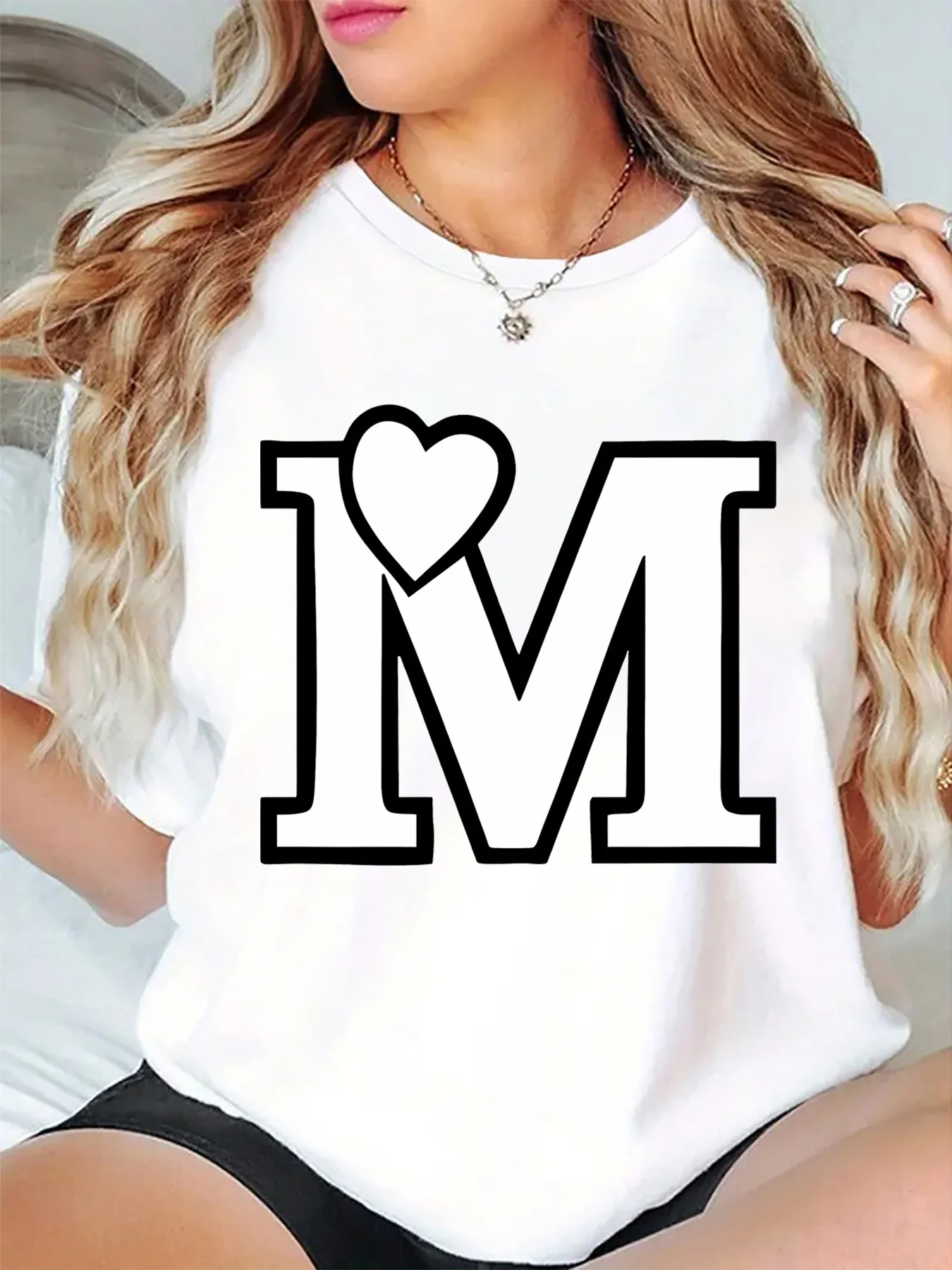 Minimalist Womens T Shirt Bold Letter M Monogram With Small Heart Graphic Print O Neck Short Sleeve Casual Daily Ladies Tops