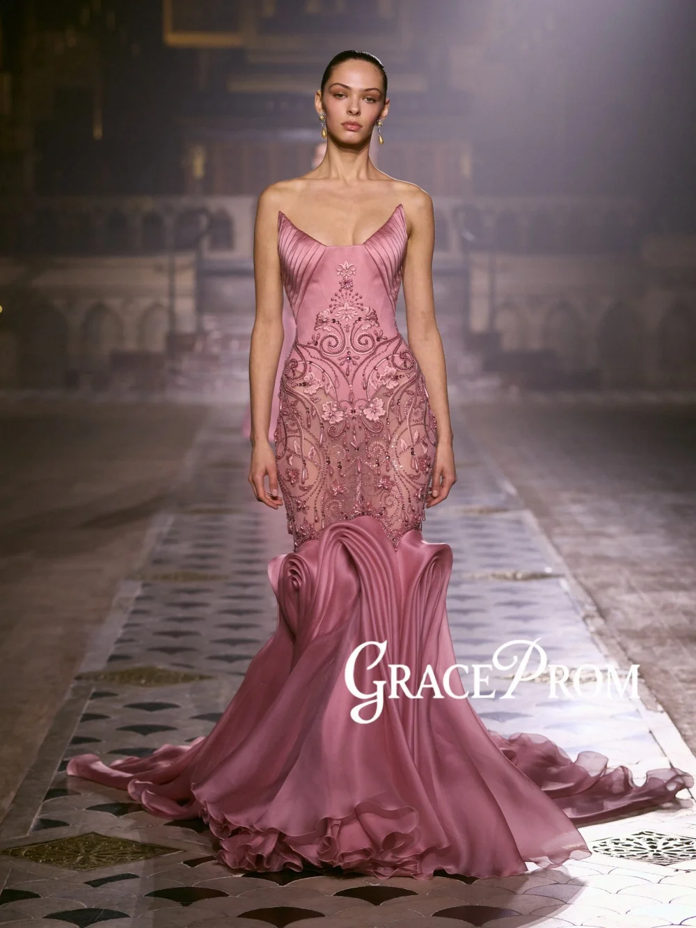 

Ruffled Luxury Beaded Evening Dress Chic Strapless Mermaid Wedding Party Gown New Customized Floor-length Banquet Party Gowns