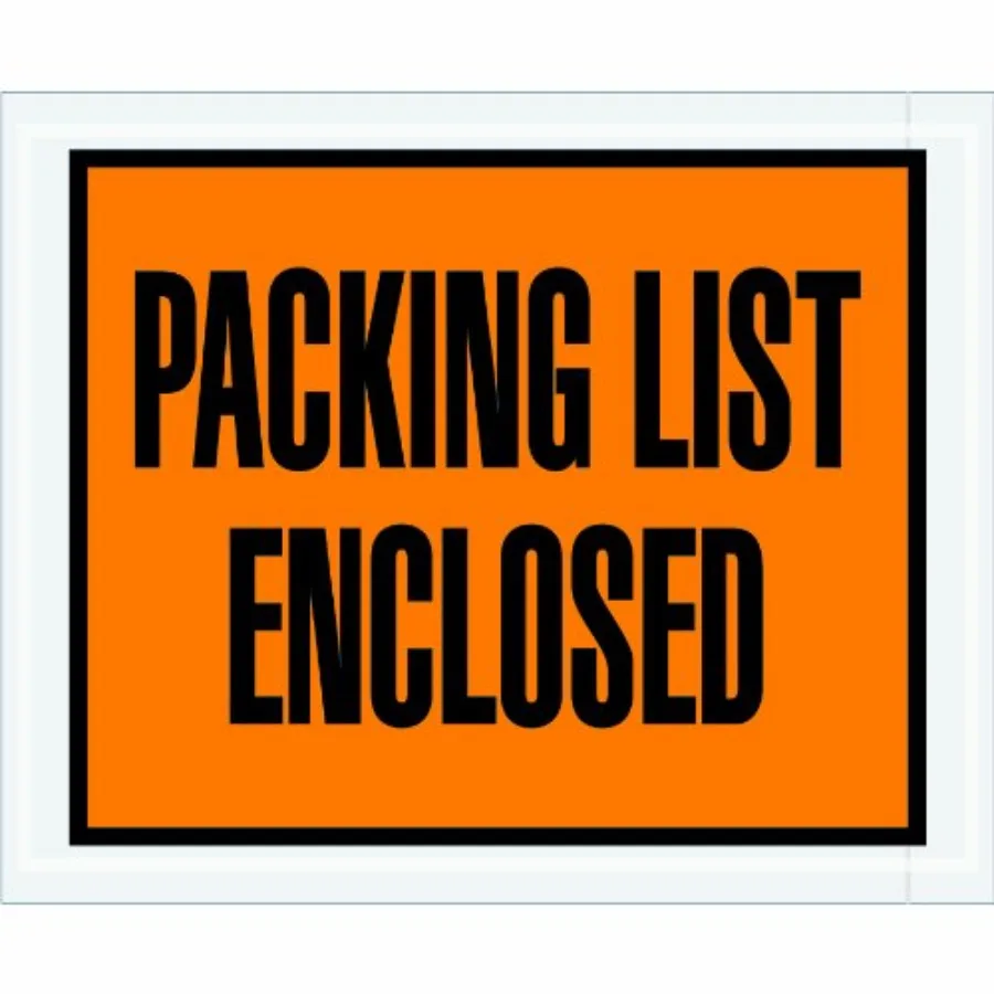 

PL10 Poly Envelope Legend "PACKING LIST ENCLOSED" 4-1/2" Length x 5-1/2" Width 2 mil Thick Black on Orange Case of 1000