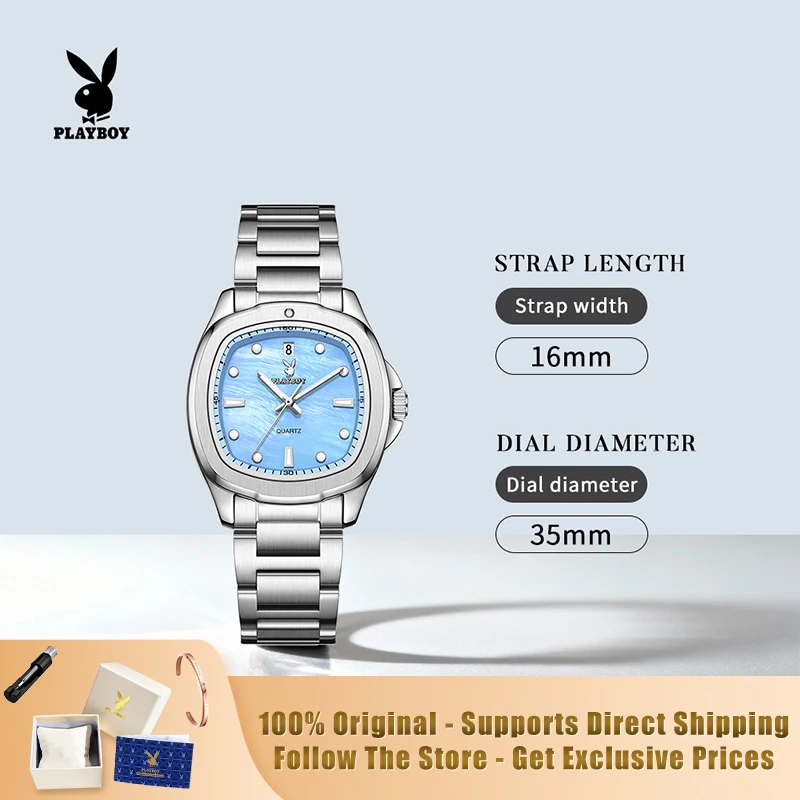 PLAYBOY 3529 Brand Original Authentic Stainless Steel Strap Square Dial Calendar Function Elegant Woman Quartz Watch