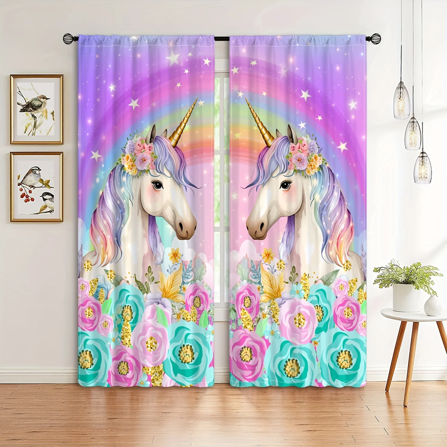 2-pack, Rainbow Unicorn Cartoon Print Curtains, Suitable for Children's Rooms, Window Light-Passing Decorative Curtains, Gift
