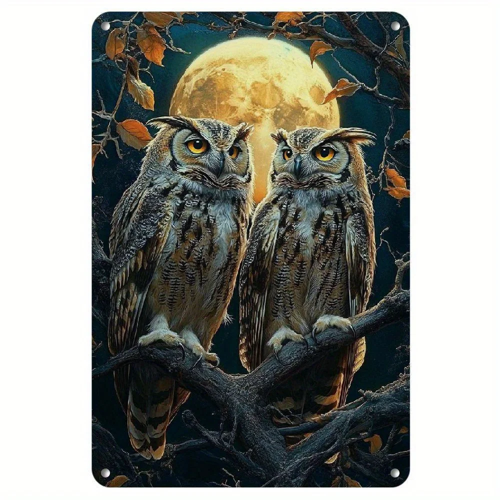 Encantador letrero de estaño retro de tres búhos, arte de pared de hierro Art Deco vintage con hojas de otoño y diseño de luna llena, duradero para interiores/exteriores