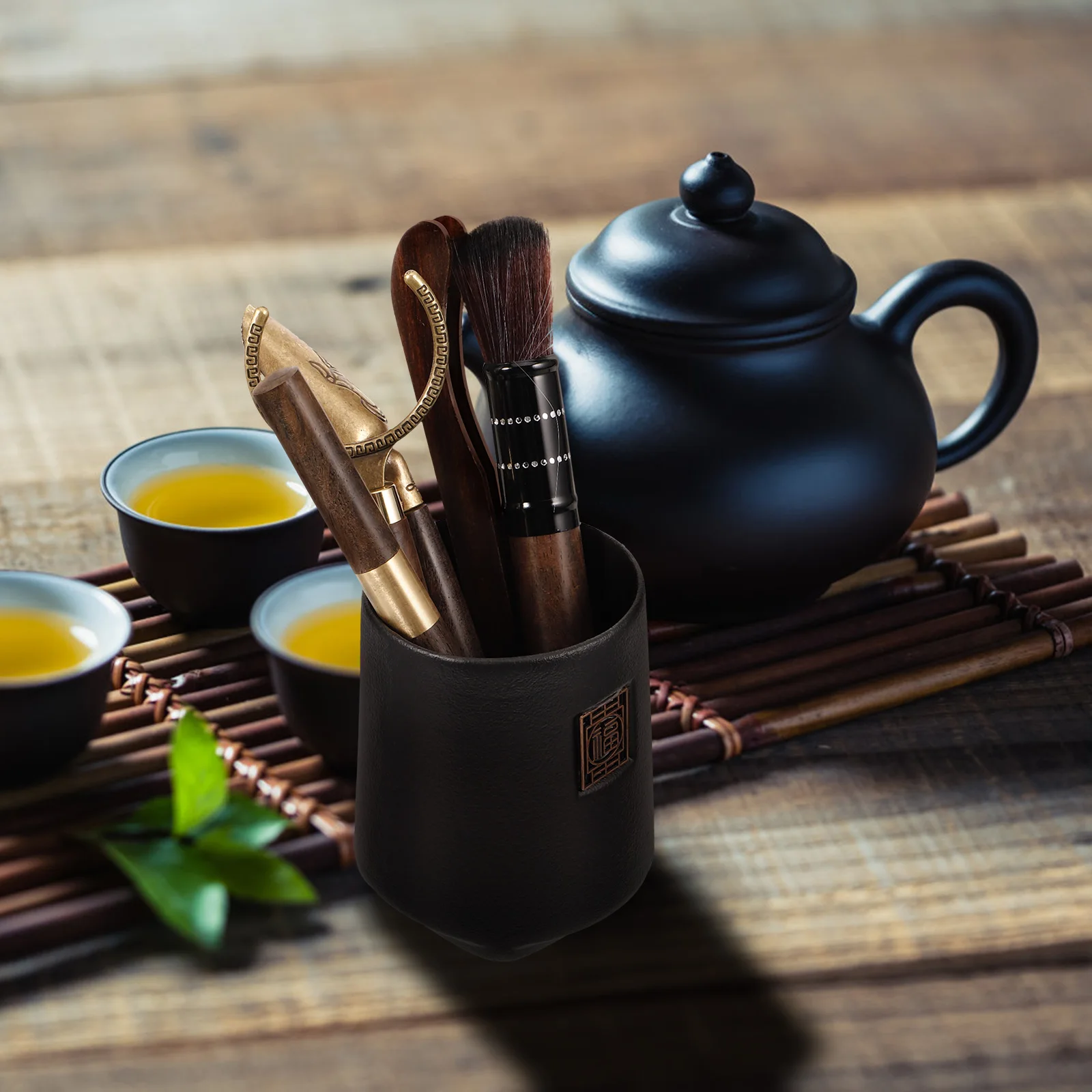

6 Pieces Black Ceramic Wood Tea Accessories Set Chinese Tea Ceremony Tools Gongfu Scoop Loose Leaf Utensils Gifts For Women Easy
