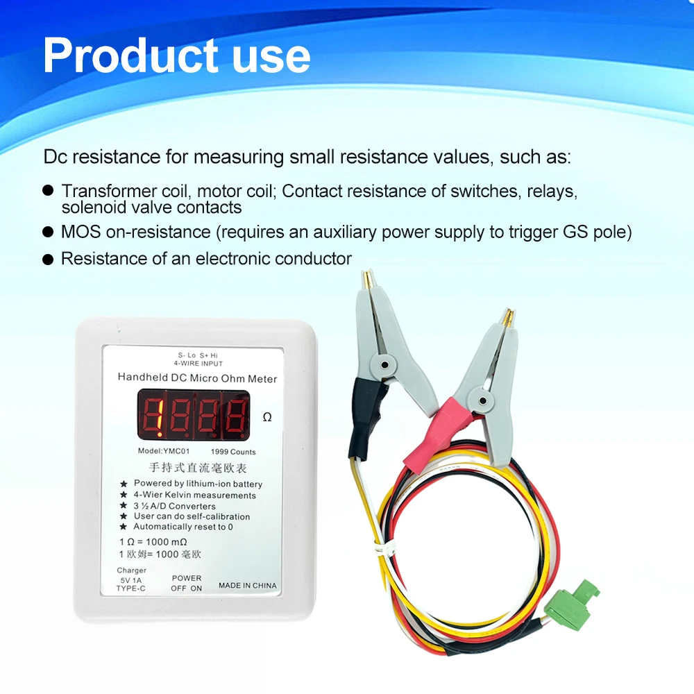 YMC01 Handheld DC Milliohmmeter Low Resistance Tester Meter Four Wire Kelvin Measurement Rechargeable