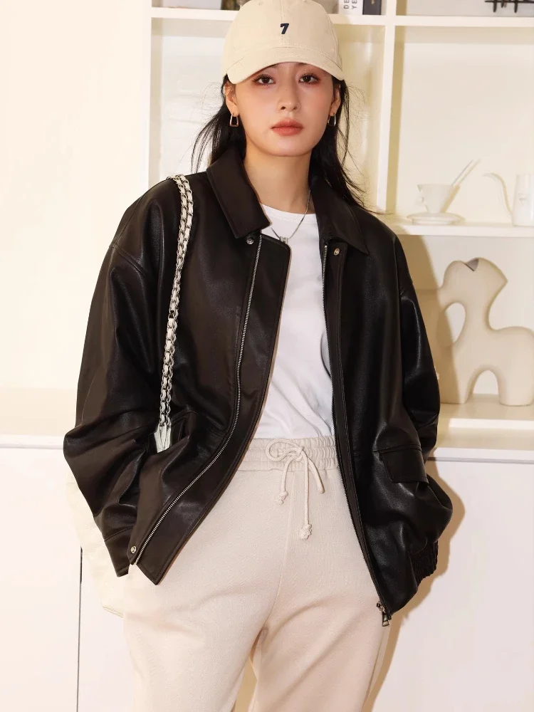 

Casual Black Genuine Leather Motorcycle Jackets for Women Spring Autumn 2026 New High-end Simple Loose Soft Real Sheepskin Coat