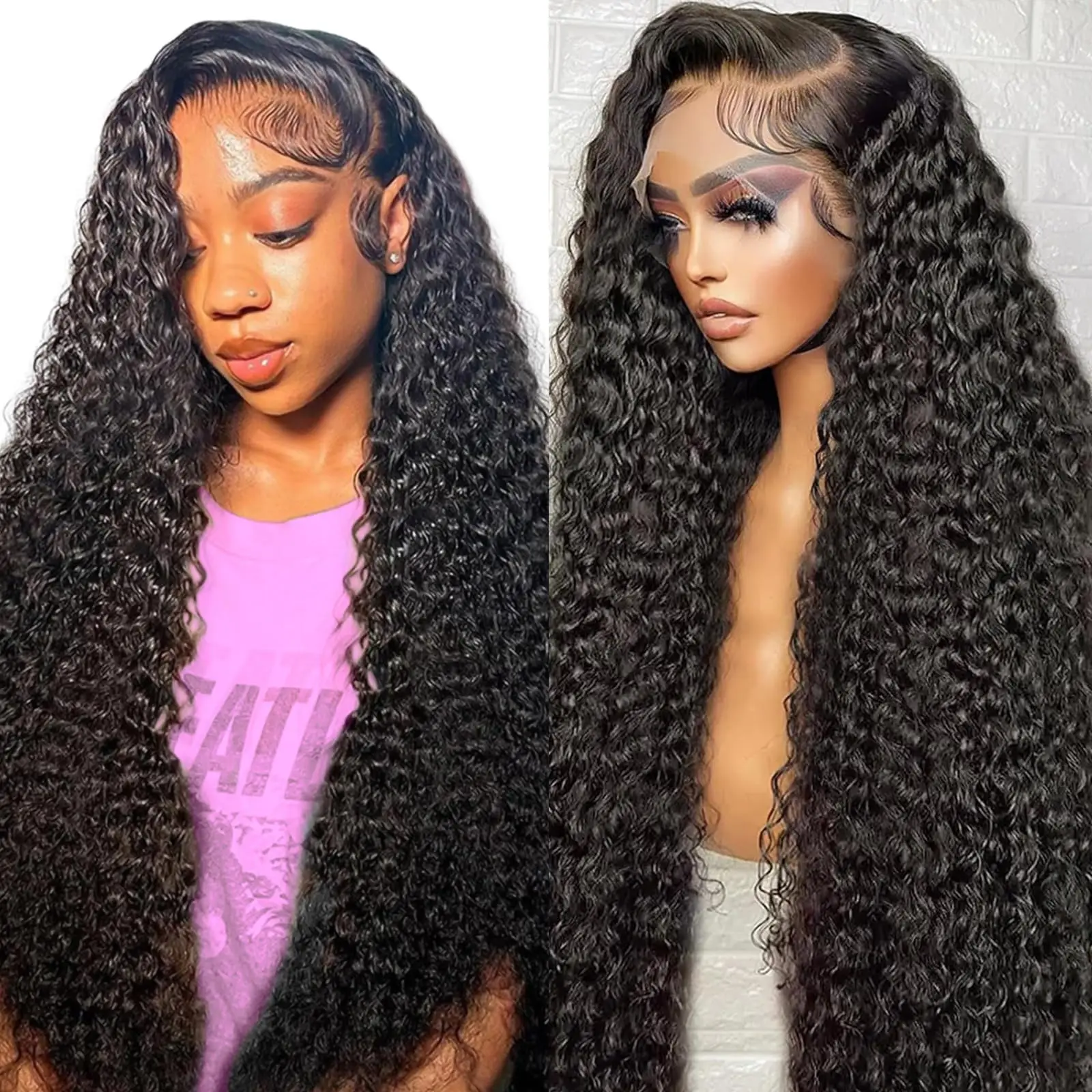 42 Inch Deep Wave Human Hair Wig with Baby Hair 200 Density 13x6 Lace Front Pre-Plucked Natural Hairline Deep Curly Lace Frontal Wigs for Women