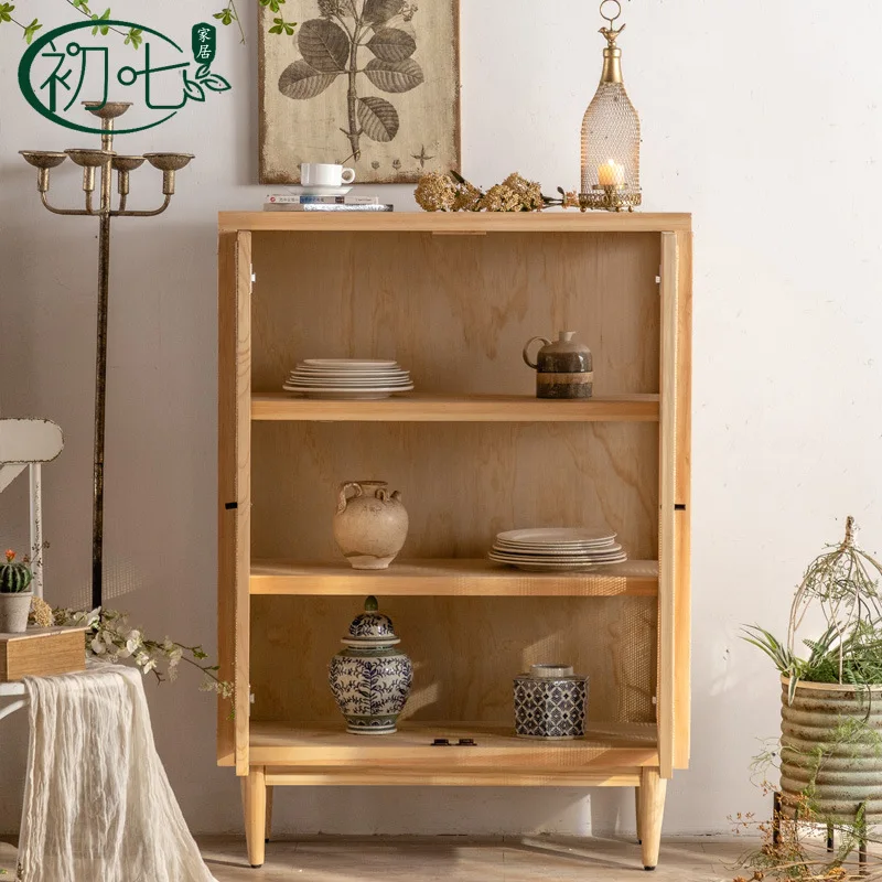 Japanese-style solid wood entryway shoe cabinet, small house, entrance hall cabinet, living room, rattan tea cabinet,