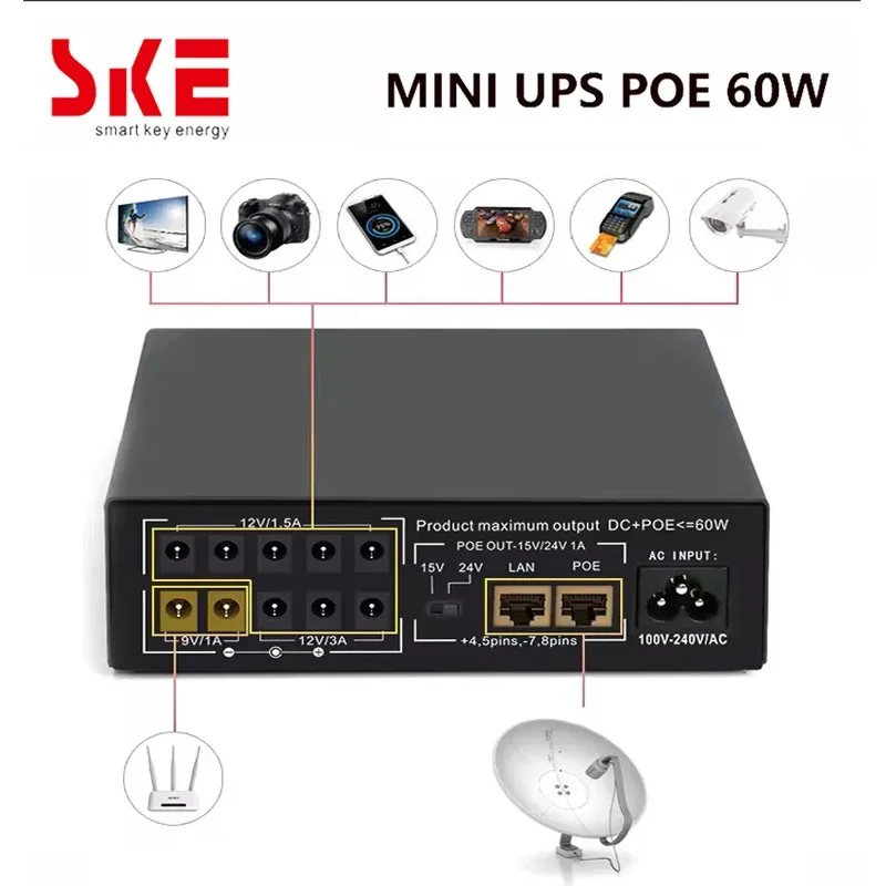 

SKE Mini DC UPS 60W POE UPS 17600mAh Li-ion Battery Backup Portable Uninterrupted Power Adapter Output DC POE For Wifi Router