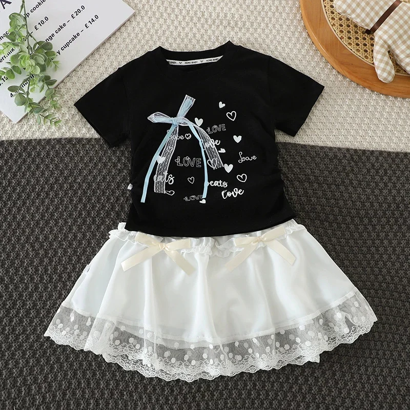 Girls T-Shirt Sets Children's Clothes Suit Kids Sweet Bow Top Lace Pom Pom Skirt 2 Piece Summer New Thin Casual Cute Outfit 2-8Y