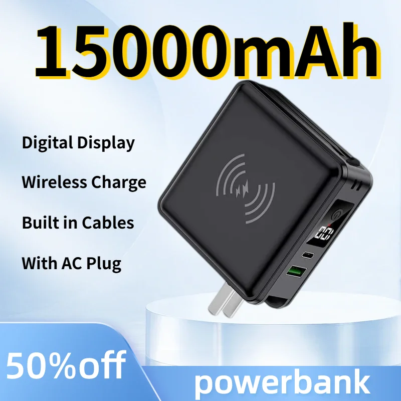 Magnetic Power Bank 15000mAh Built-in Cable With AC Plug Portable Power Bank PD22.5W Fast Charging Digital Display for iPhone