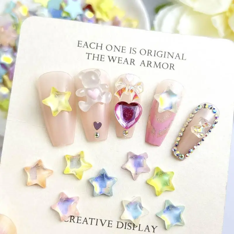 Translucent Resin Pentagram Nail Art Decorations 3D Jelly Colored Stars Aurora Series Nail Charms for DIY Press on Nails Designs