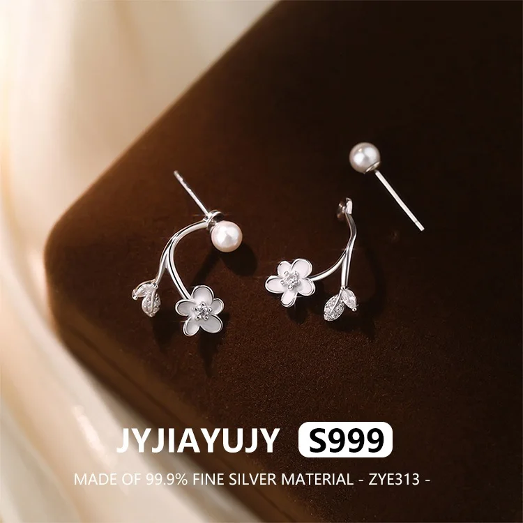 

JYJIAYUJY 100% Whole Original Fine Silver S999 Stud Earrings Flower Inlaid With Shells Pearls Elegance Gift For Women Use ZYE313