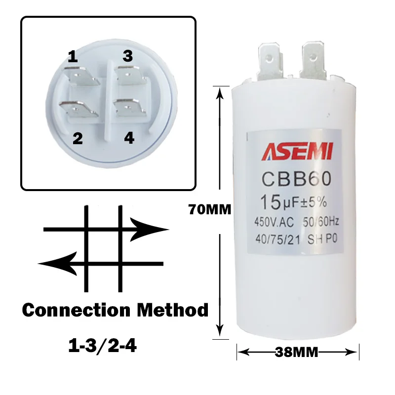 

4 Pins CBB60 Start Run Capacitor 450VAC Double Insert 50/60hz Electric Replacement For Air Compressor Water Pump Motor